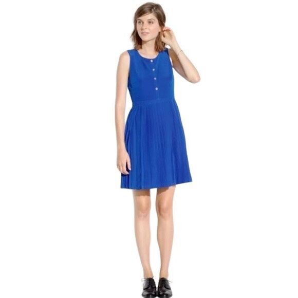 Madewell Pleated Blue Button Front Silk Dress Size 4 - Picture 1 of 9